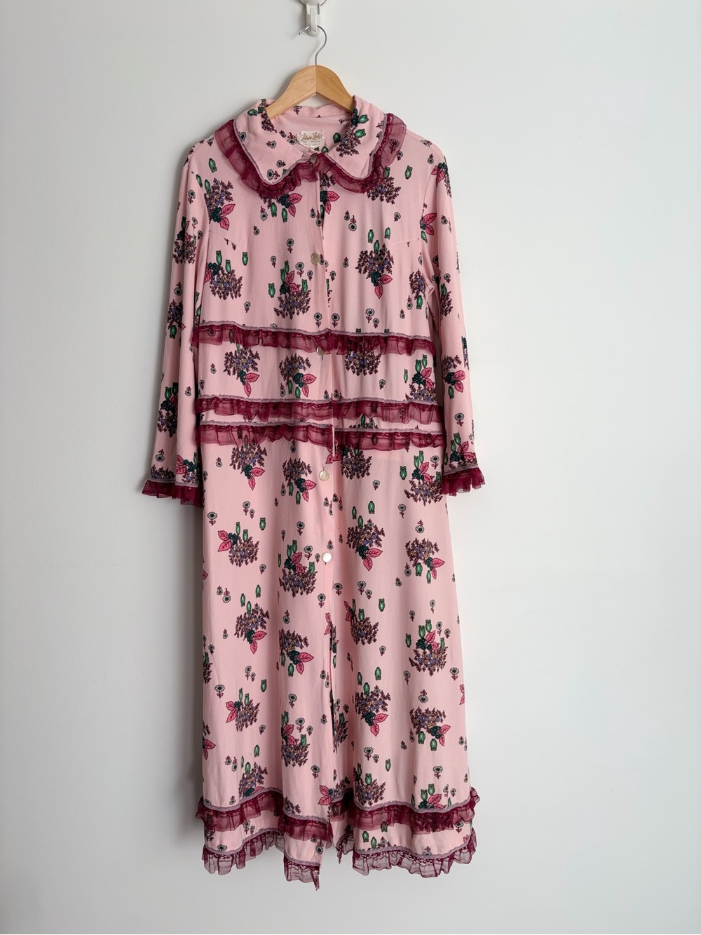 Vintage 1970s Leisure Lady Owl Floral Ruffle Lounge Dress L